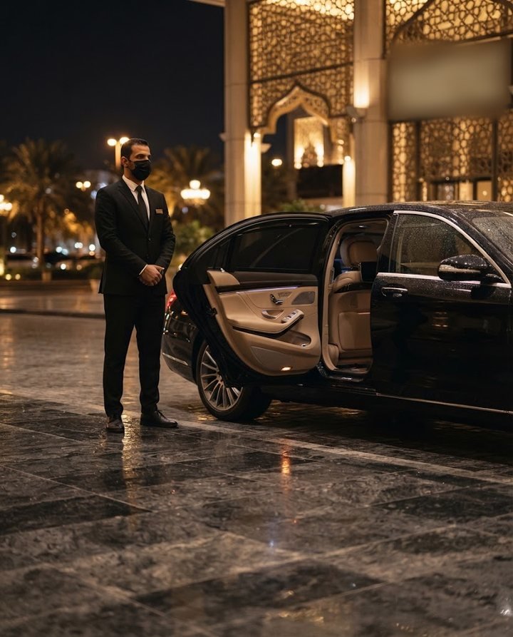 سائق بانتظار الضيف بجانب سيارة فاخرة أمام مدخل فندق