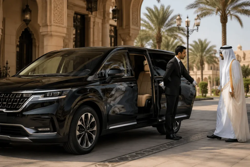 Professional chauffeur with a luxury sedan