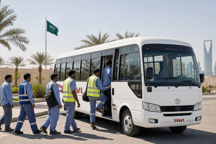 Employees boarding a staff transportation coach