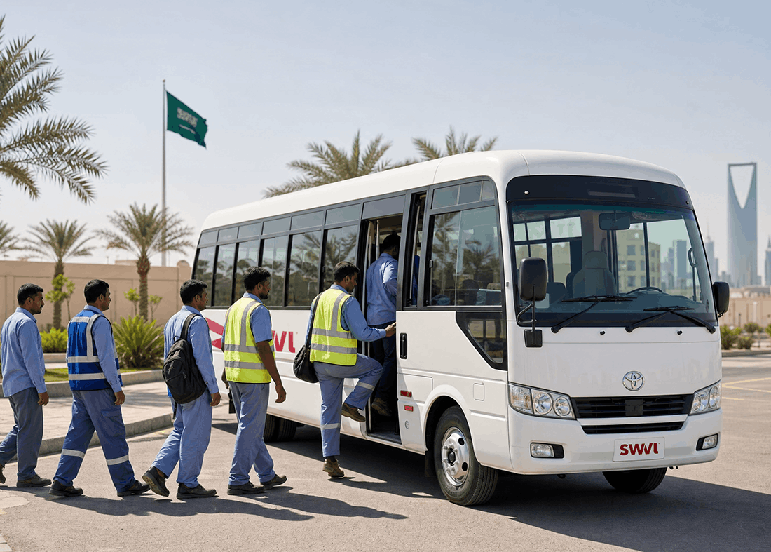 Employees boarding a staff transportation coach
