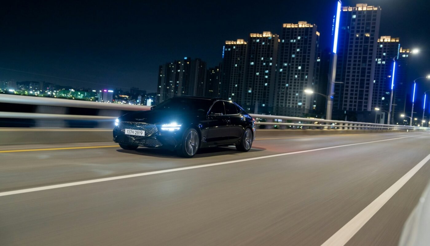 Car driving through the city at night